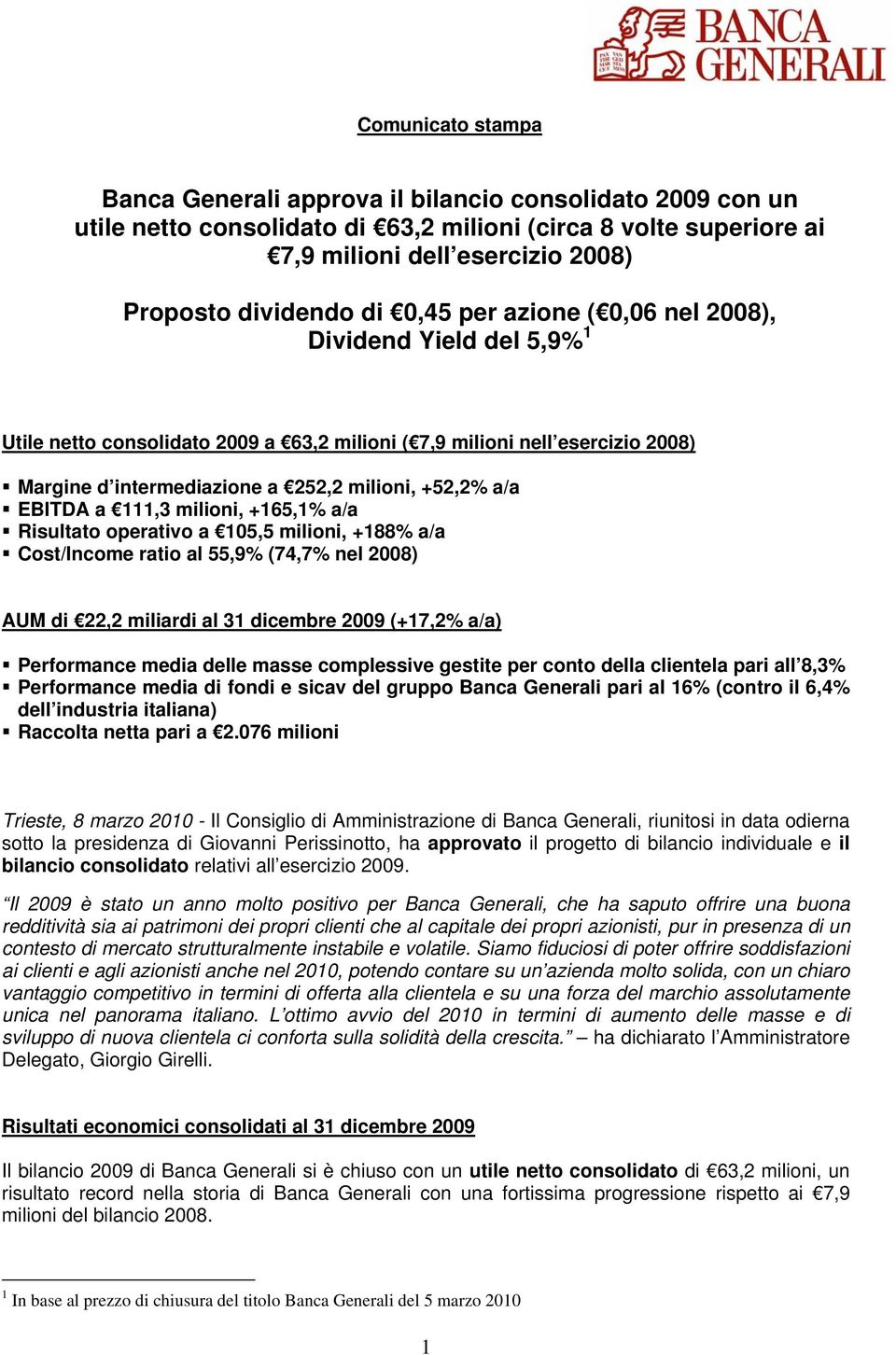 a 111,3 milioni, +165,1% a/a Risultato operativo a 105,5 milioni, +188% a/a Cost/Income ratio al 55,9% (74,7% nel 2008) AUM di 22,2 miliardi al 31 dicembre 2009 (+17,2% a/a) Performance media delle