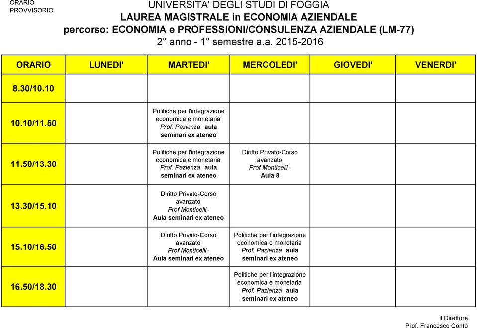 Pazienza aula seminari ex Politiche per l'integrazione economica e monetaria Prof.