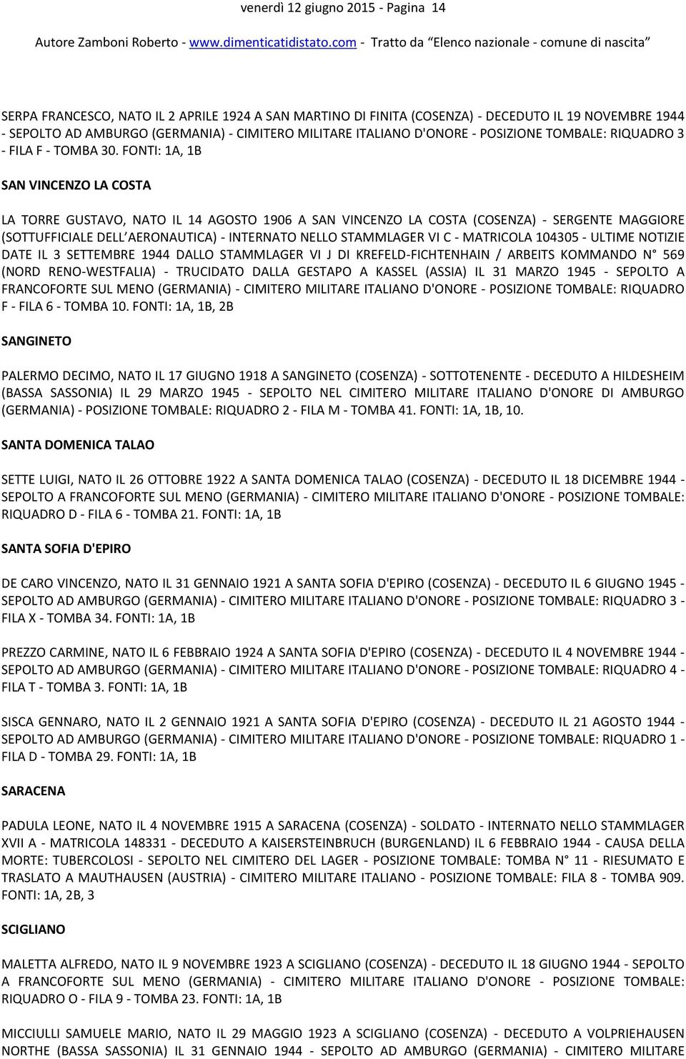 FONTI: 1A, 1B SAN VINCENZO LA COSTA LA TORRE GUSTAVO, NATO IL 14 AGOSTO 1906 A SAN VINCENZO LA COSTA (COSENZA) - SERGENTE MAGGIORE (SOTTUFFICIALE DELL AERONAUTICA) - INTERNATO NELLO STAMMLAGER VI C -