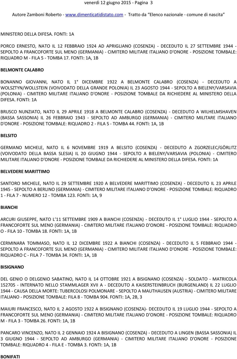 BIELENY/VARSAVIA (POLONIA) - CIMITERO MILITARE ITALIANO D'ONORE - POSIZIONE TOMBALE DA RICHIEDERE AL MINISTERO DELLA DIFESA.