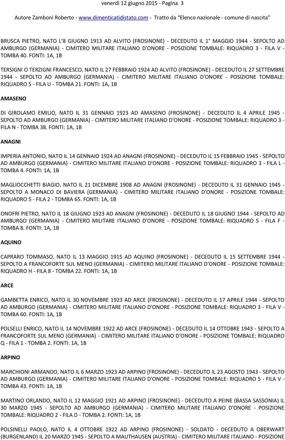 FONTI: 1A, 1B TERSIGNI O TERZIGNI FRANCESCO, NATO IL 27 FEBBRAIO 1924 AD ALVITO (FROSINONE) - DECEDUTO IL 27 SETTEMBRE 1944 - SEPOLTO AD AMBURGO (GERMANIA) - CIMITERO MILITARE ITALIANO D'ONORE -