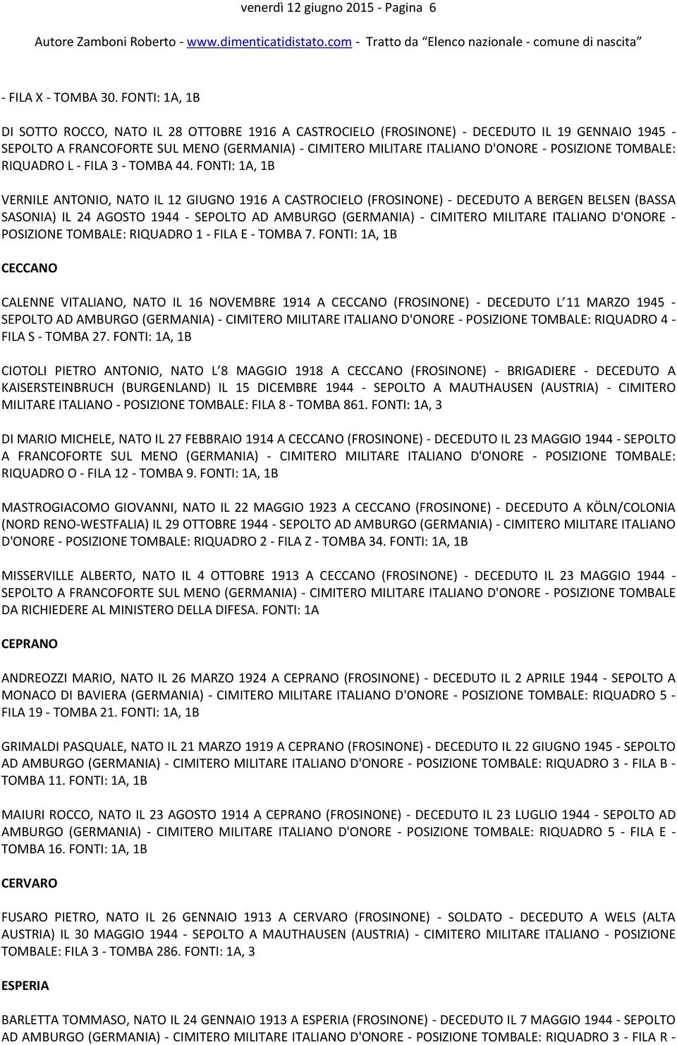 ITALIANO D'ONORE - POSIZIONE TOMBALE: RIQUADRO 1 - FILA E - TOMBA 7.