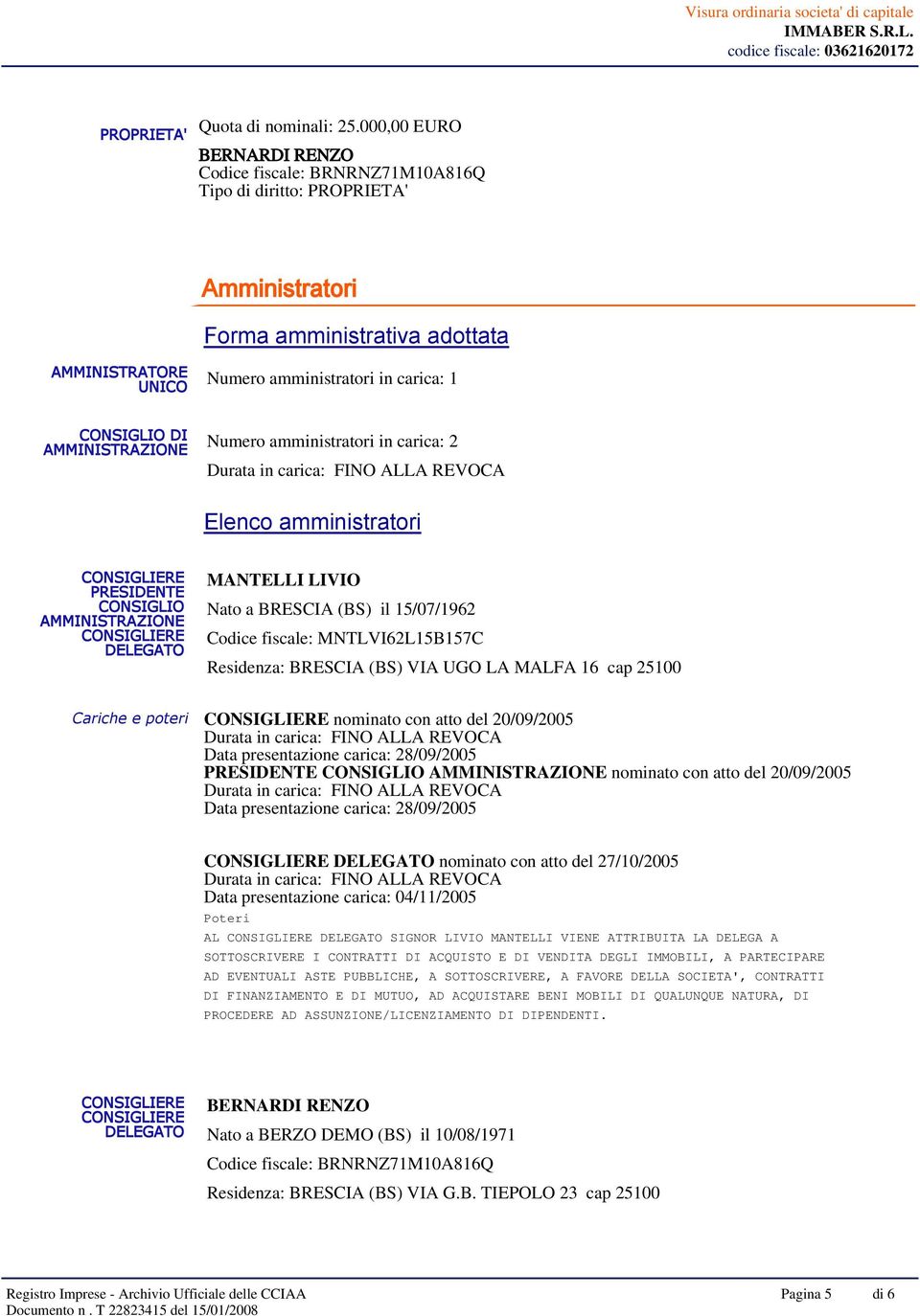 DI AMMINISTRAZIONE Numero amministratori in carica: 2 Elenco amministratori PRESIDENTE CONSIGLIO AMMINISTRAZIONE DELEGATO MANTELLI LIVIO Nato a BRESCIA (BS) il 15/07/1962 Codice fiscale: