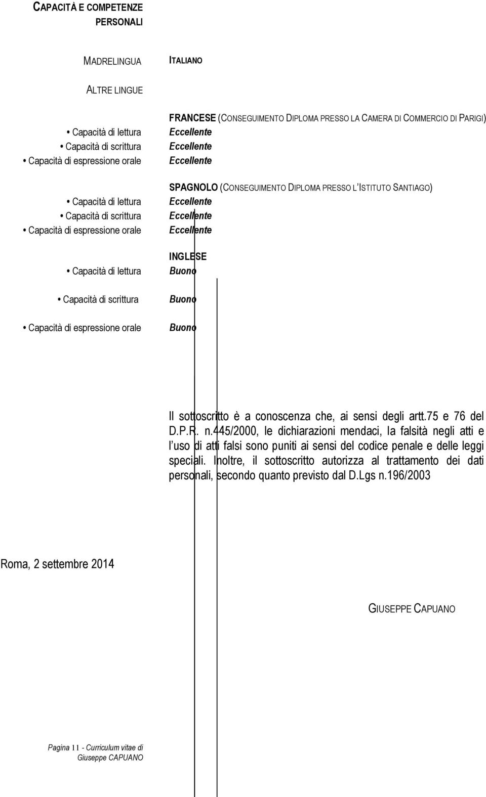 PRESSO L ISTITUTO SANTIAGO) INGLESE Buono Buono Buono Il sottoscritto è a conoscenza che, ai sensi degli artt.75 e 76 del D.P.R. n.