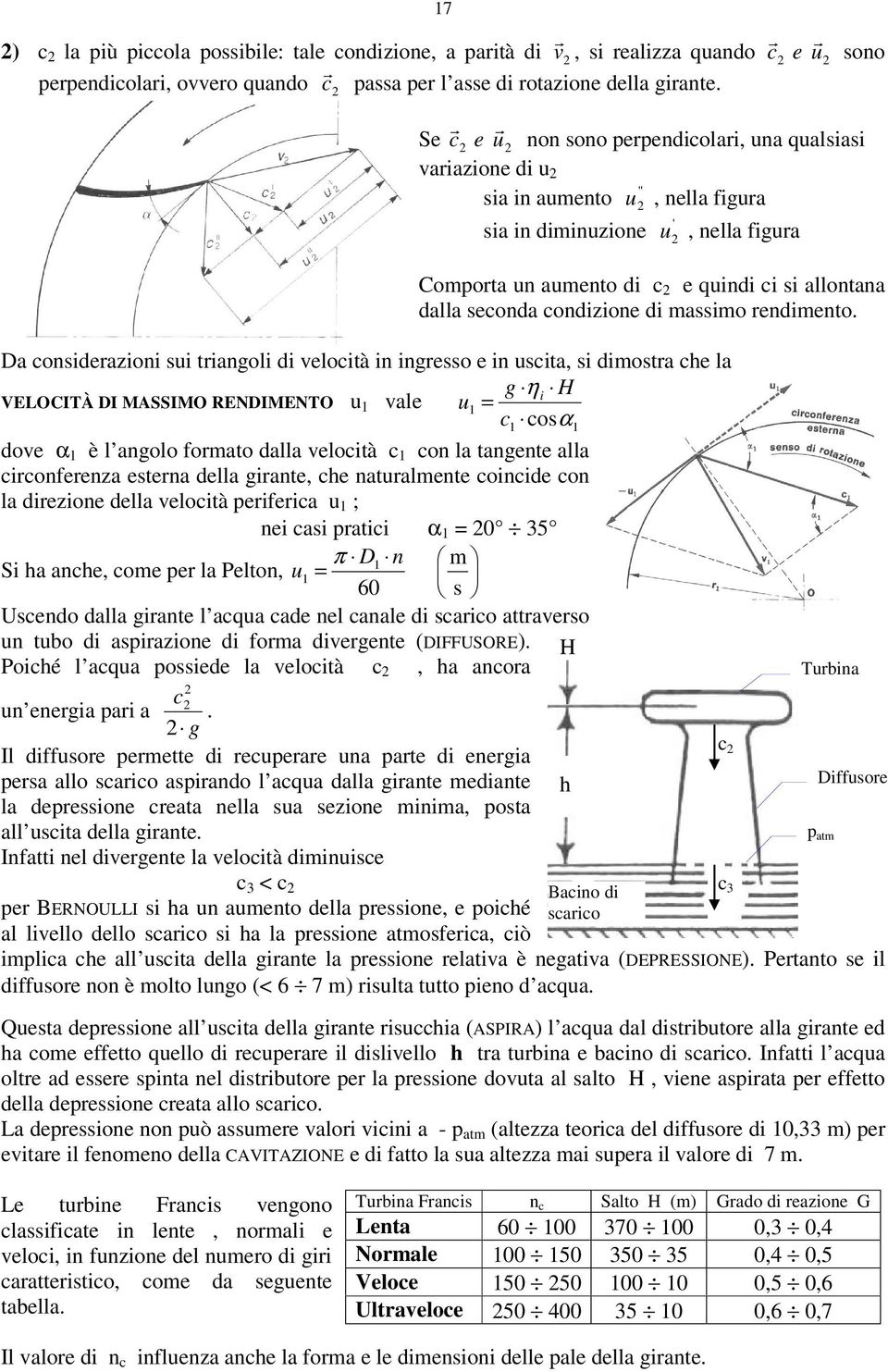 Da consderazon s tranol d veloctà n nresso e n scta, s dmostra che la η VELOCITÀ DI MASSIMO RENDIMENTO vale = c cosα dove α è l anolo formato dalla veloctà c con la tanente alla crconferenza esterna