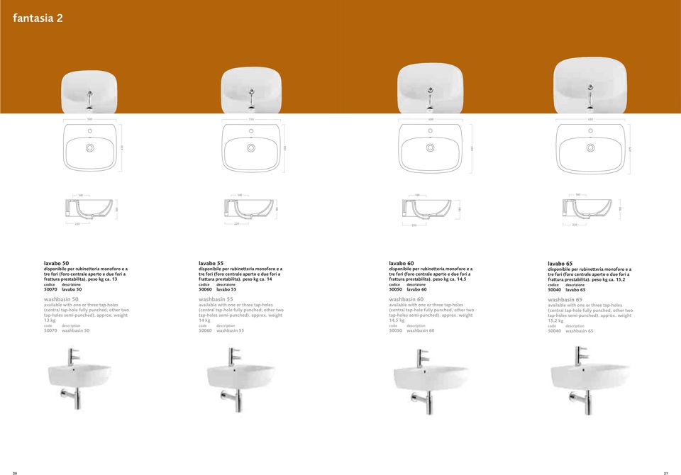 peso kg ca. 14,5 50050 lavabo 60 lavabo 65 disponibile per rubinetteria monoforo e a tre fori (foro centrale aperto e due fori a frattura prestabilita). peso kg ca.