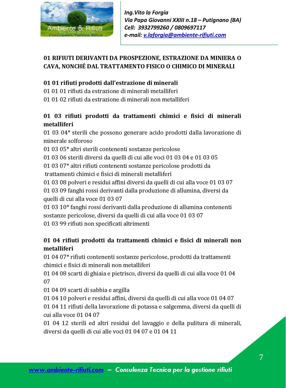 possono generare acido prodotti dalla lavorazione di minerale solforoso 01 03 05* altri sterili contenenti 01 03 06 sterili diversi da quelli di cui alle voci 01 03 04 e 01 03 05 01 03 07* altri