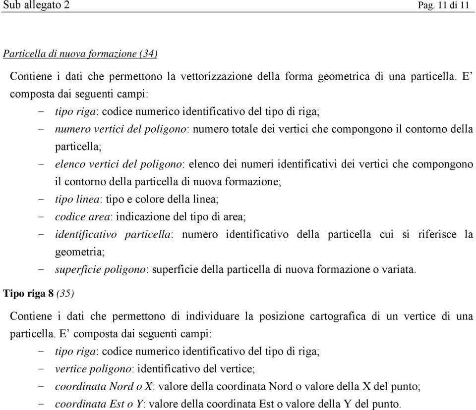 dei vertici che compongono il contorno della particella di nuova formazione; - tipo linea: tipo e colore della linea; - codice area: indicazione del tipo di area; - identificativo particella: numero