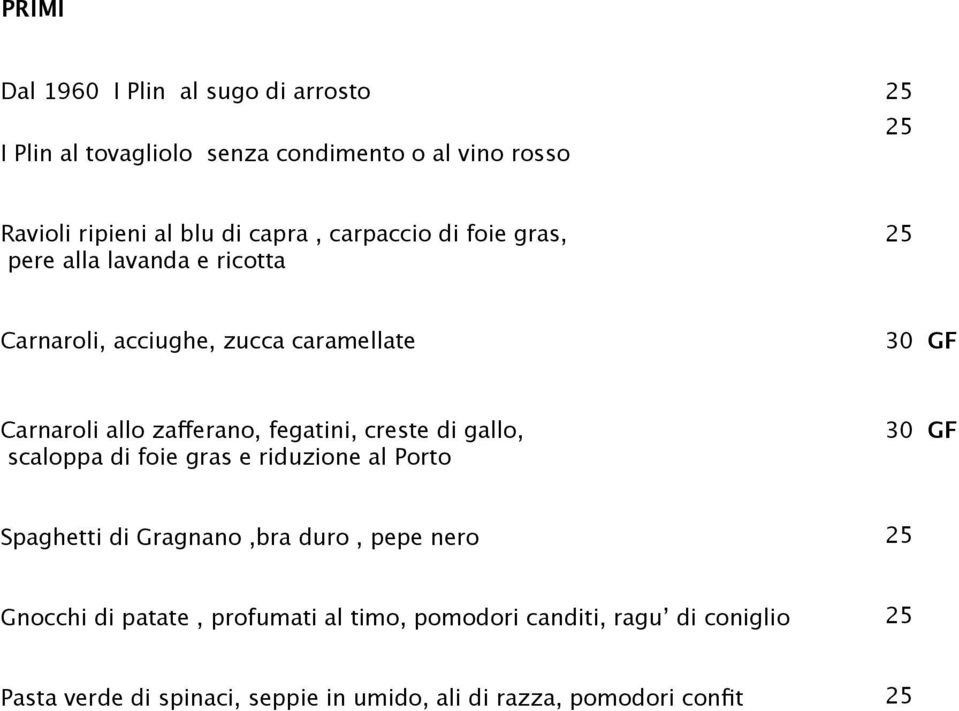 fegatini, creste di gallo, scaloppa di foie gras e riduzione al Porto 30 GF Spaghetti di Gragnano,bra duro, pepe nero Gnocchi