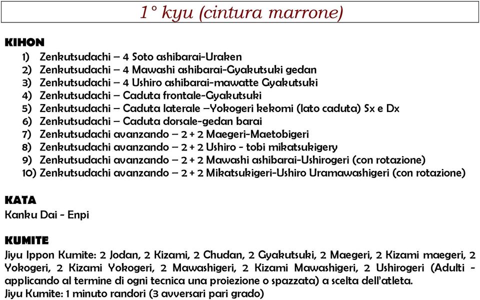 Zenkutsudachi avanzando 2 + 2 Ushiro - tobi mikatsukigery 9) Zenkutsudachi avanzando 2 + 2 Mawashi ashibarai-ushirogeri (con rotazione) 10) Zenkutsudachi avanzando 2 + 2 Mikatsukigeri-Ushiro