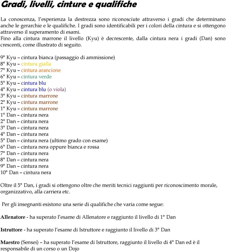 Fino alla cintura marrone il livello (Kyu) è decrescente, dalla cintura nera i gradi (Dan) sono crescenti, come illustrato di seguito.