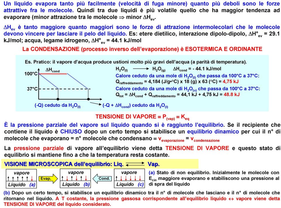 ΔH ev è tanto maggiore quanto maggiori sono le forze di attrazione intermolecolari che le molecole devono vincere per lasciare il pelo del liquido.