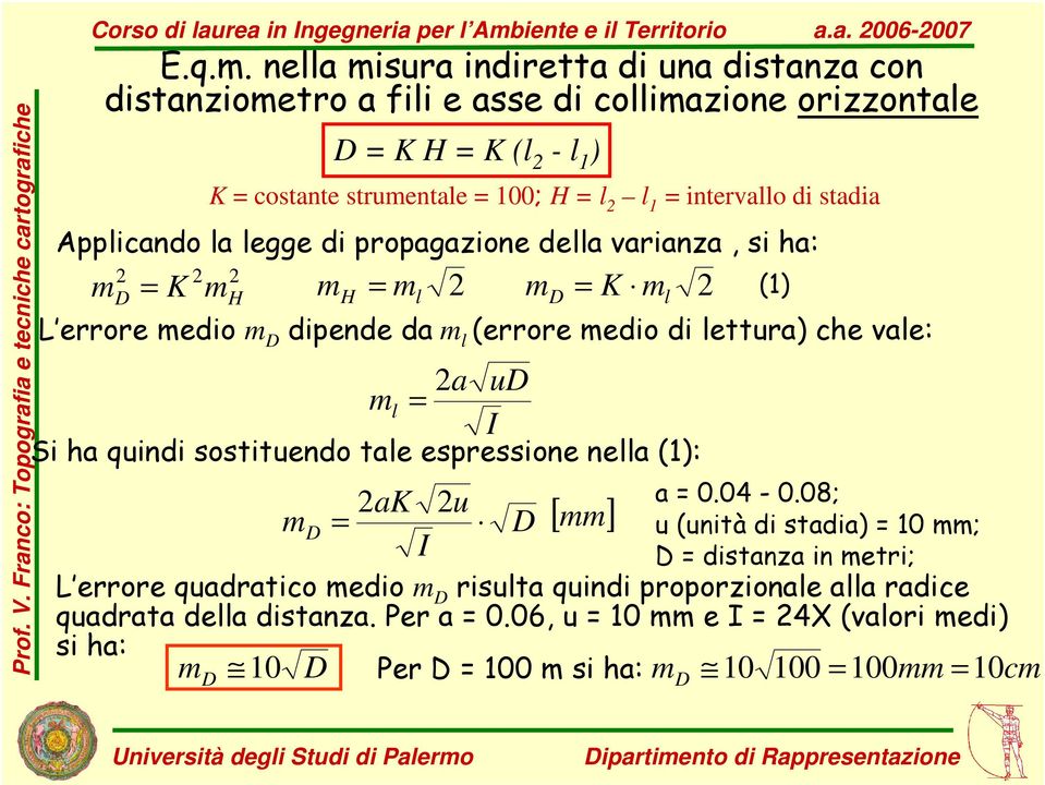di propagazione della varianza, si ha: = K = = K (1) l l L errore edio dipende da l (errore edio di lettura) che vale: a u l = I Si ha quindi sostituendo tale espressione nella (1): ak u = [ ] u