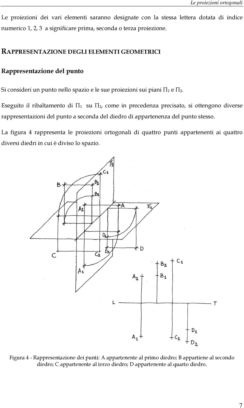 Eseguito il ribaltamento di Π 1 su Π 2, come in precedenza precisato, si ottengono diverse rappresentazioni del punto a seconda del diedro di appartenenza del punto stesso.