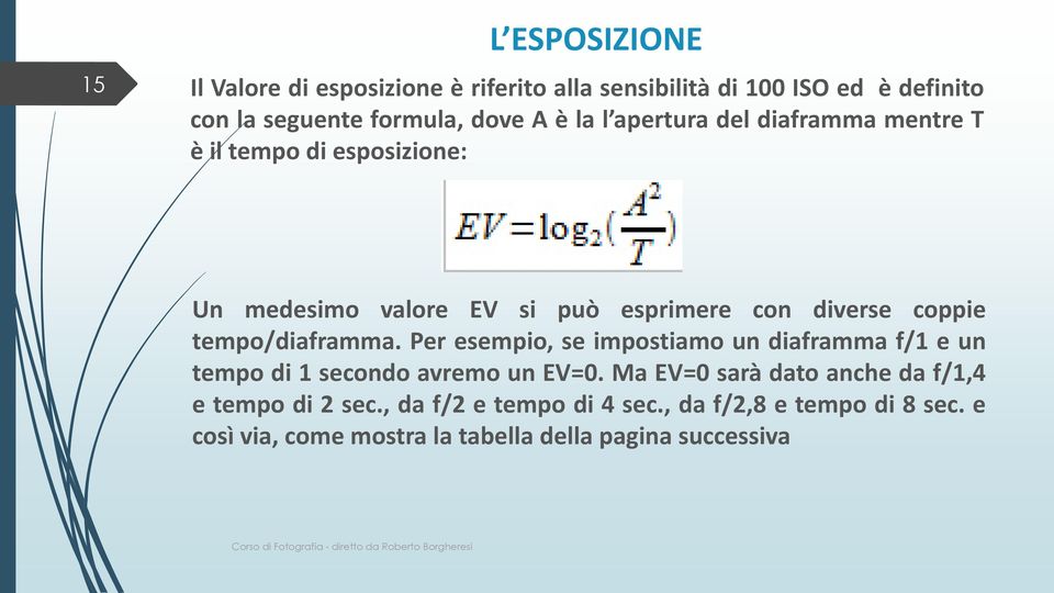 tempo/diaframma. Per esempio, se impostiamo un diaframma f/1 e un tempo di 1 secondo avremo un EV=0.