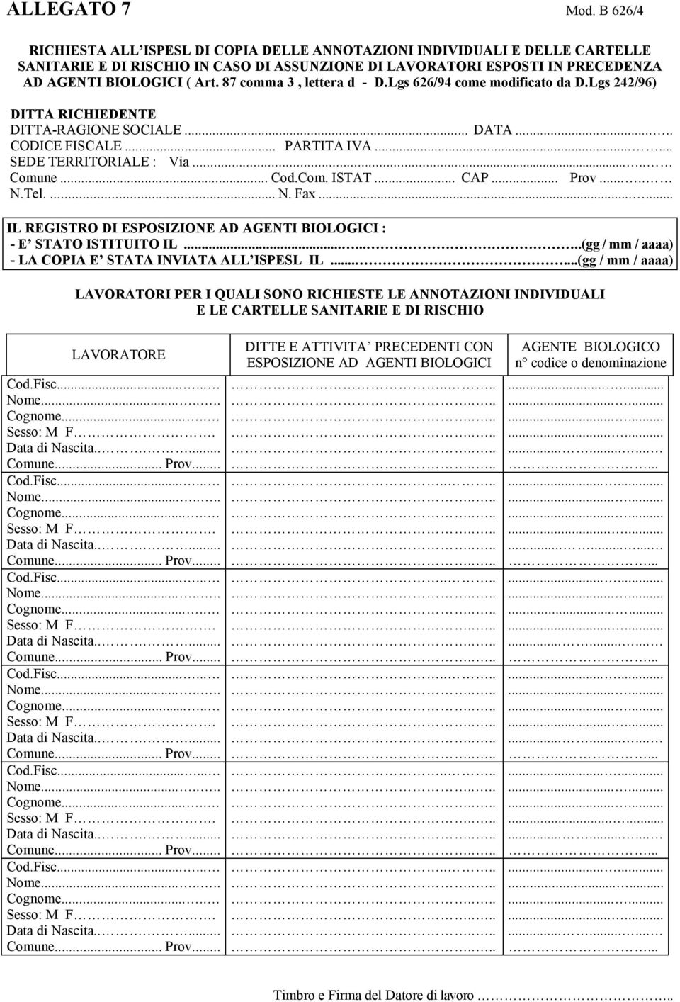 87 comma 3, lettera d - D.Lgs 626/94 come modificato da D.Lgs 242/96) DITTA RICHIEDENTE DITTA-RAGIONE SOCIALE... DATA..... CODICE FISCALE... PARTITA IVA...... SEDE TERRITORIALE : Via..... Comune... Cod.