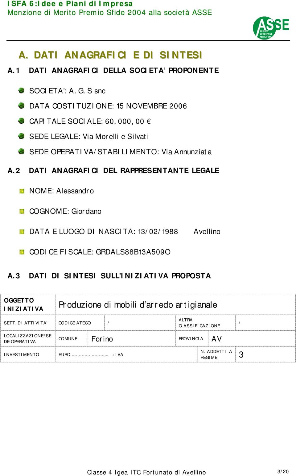 2 DATI ANAGRAFICI DEL RAPPRESENTANTE LEGALE NOME: Alessandro COGNOME: Giordano DATA E LUOGO DI NASCITA: 13/02/1988 Avellino CODICE FISCALE: GRDALS88B13A509O A.