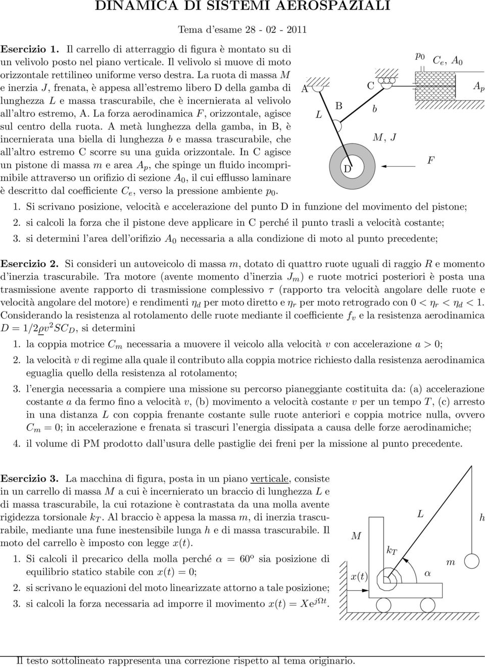 a ruota di massa M e inerzia J, frenata, è appesa all estremo libero D della gamba di lunghezza e massa trascurabile, che è incernierata al velivolo all altro estremo, A.