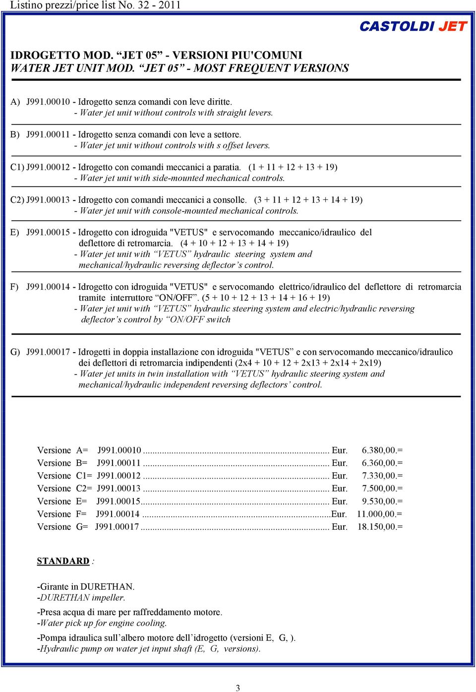 00012 - Idrogetto con comandi meccanici a paratia. (1 + 11 + 12 + 13 + 19) - Water jet unit with side-mounted mechanical controls. C2) J991.00013 - Idrogetto con comandi meccanici a consolle.