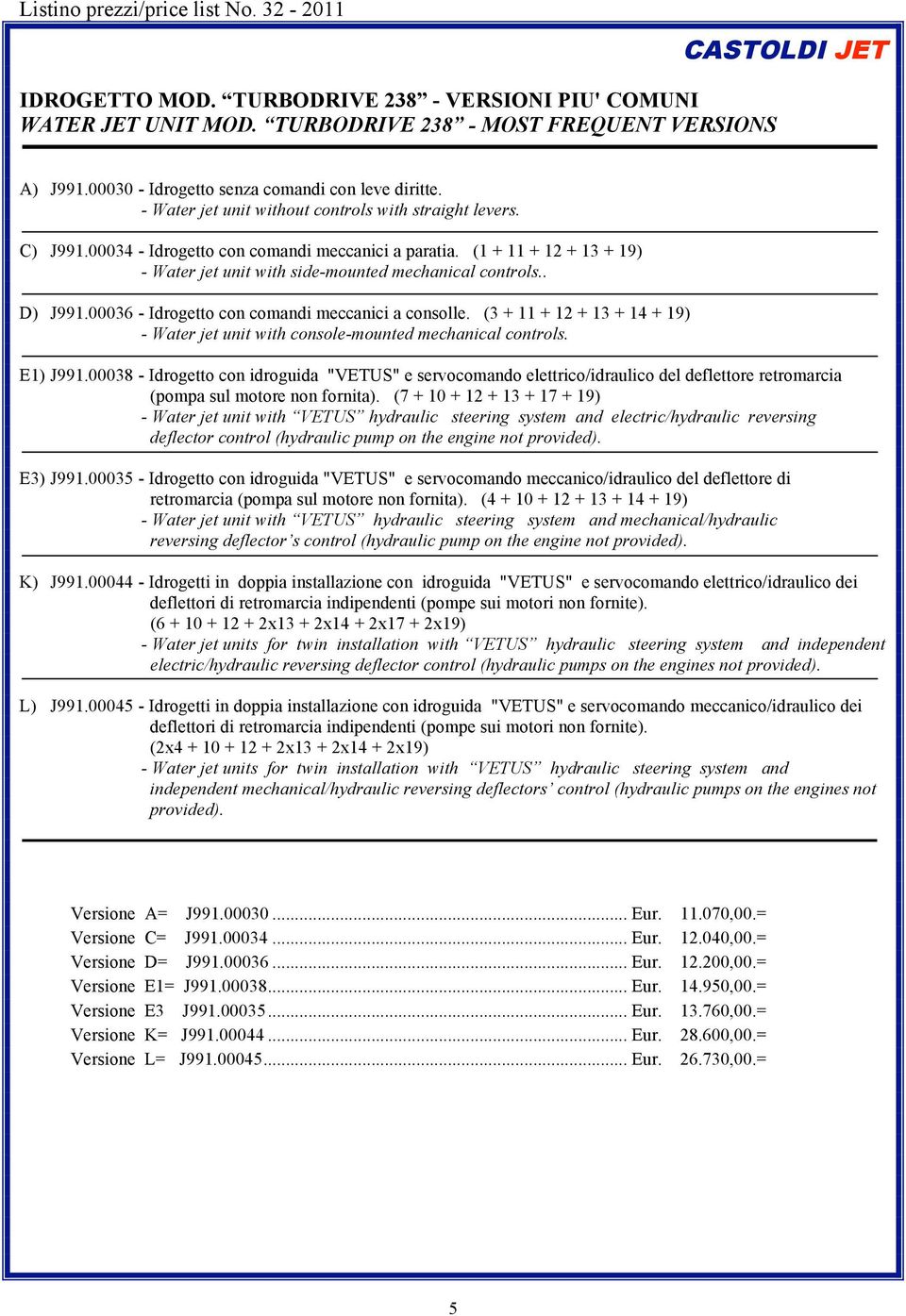 . D) J991.00036 - Idrogetto con comandi meccanici a consolle. (3 + 11 + 12 + 13 + 14 + 19) - Water jet unit with console-mounted mechanical controls. E1) J991.