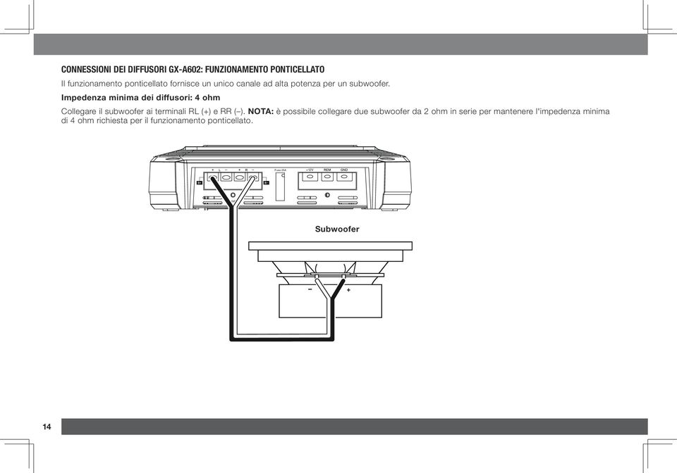 Impedenza minima dei diffusori: 4 ohm Collegare il subwoofer ai terminali RL (+) e RR ( ).