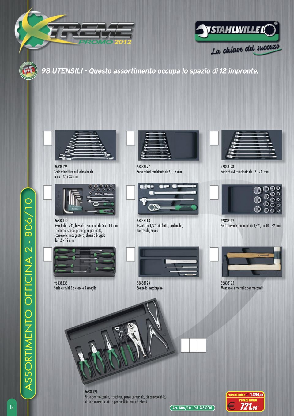 da 1/4, bussole esagonali da 5,5-14 mm cricchetto, snodo, prolunghe, portabits, scorrevole, impugnatura, chiavi a brugola da 1,5-12 mm 96838236 Serie giraviti 3 a croce e 4 a taglio 96838113 Assort.