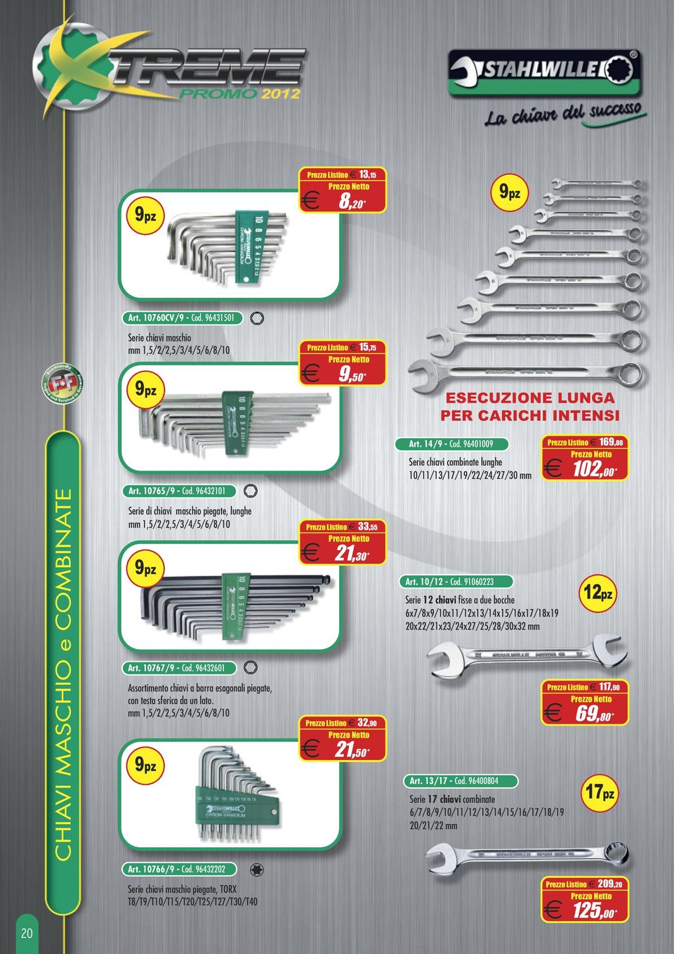 96432101 Serie di chiavi maschio piegate, lunghe mm 1,5/2/2,5/3/4/5/6/8/10 9pz Art. 10767/9 - Cod. 96432601 Assortimento chiavi a barra esagonali piegate, con testa sferica da un lato.