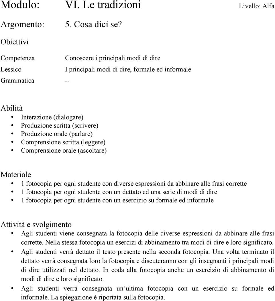 studente con un dettato ed una serie di modi di dire 1 fotocopia per ogni studente con un esercizio su formale ed informale Agli studenti viene consegnata la fotocopia delle diverse espressioni da