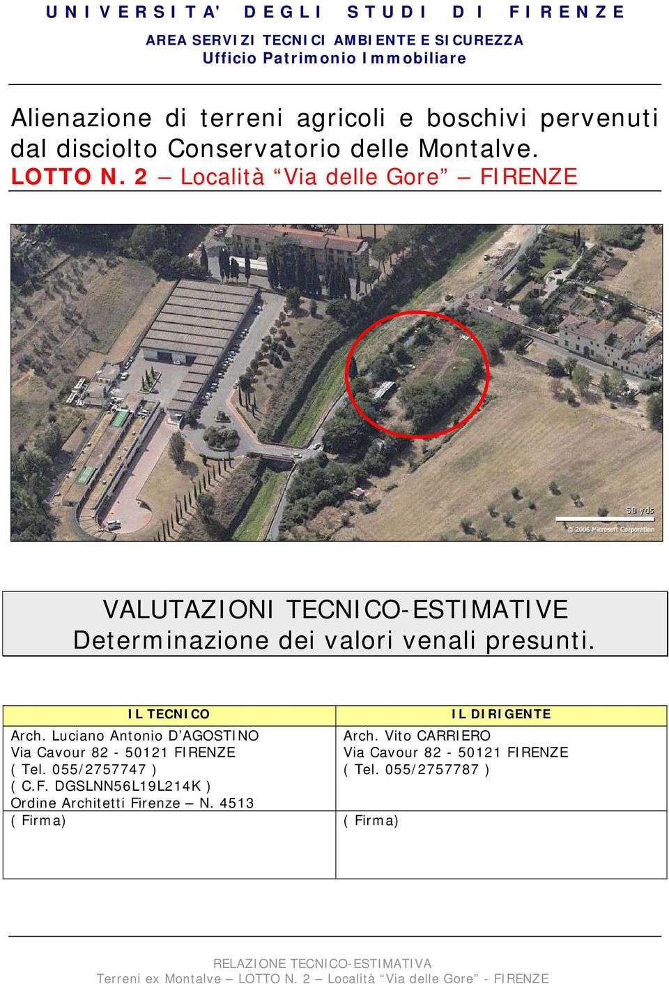 2 Località Via delle Gore FIRENZE VALUTAZIONI TECNICO-ESTIMATIVE Determinazione dei valori venali presunti. IL TECNICO IL DIRIGENTE Arch.