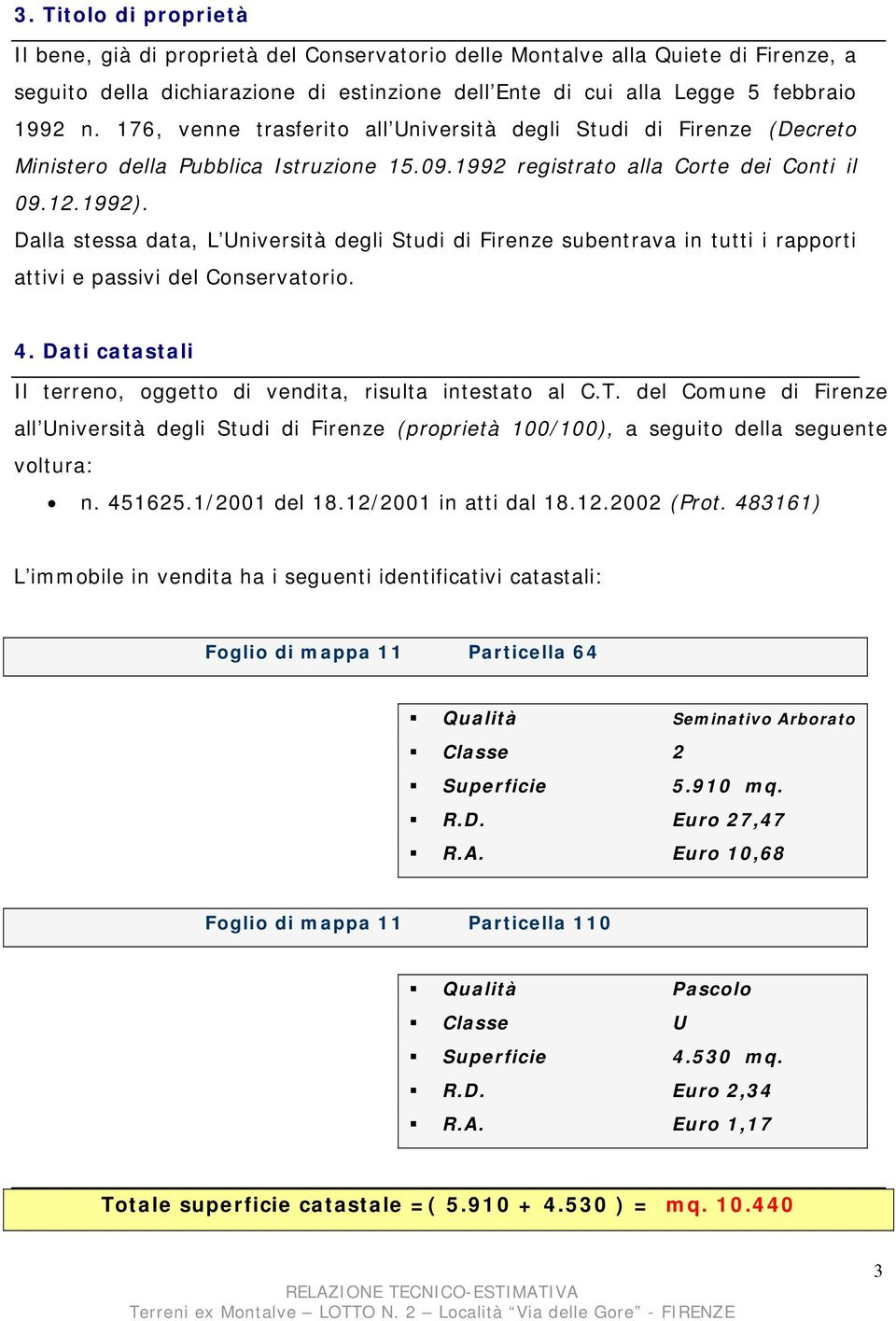 Dalla stessa data, L Università degli Studi di Firenze subentrava in tutti i rapporti attivi e passivi del Conservatorio. 4. Dati catastali Il terreno, oggetto di vendita, risulta intestato al C.T.