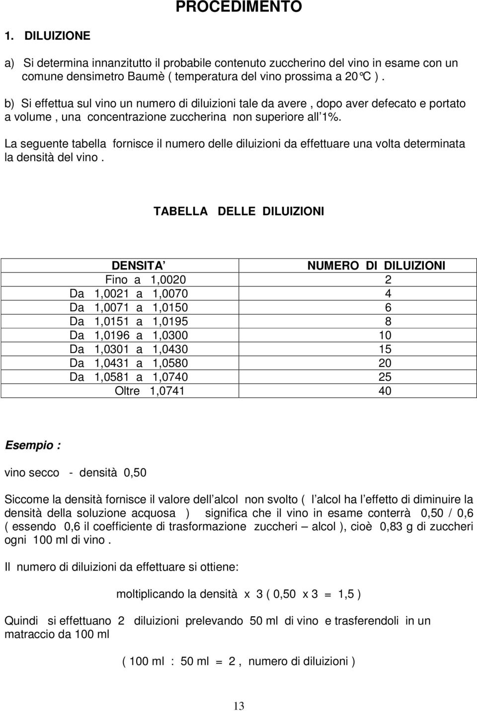 La seguente tabella fornisce il numero delle diluizioni da effettuare una volta determinata la densità del vino.