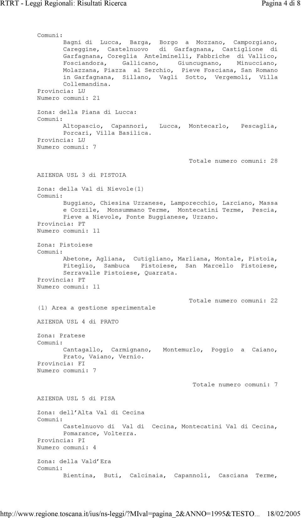 Provincia: LU Numero comuni: 21 Zona: della Piana di Lucca: Altopascio, Capannori, Lucca, Montecarlo, Pescaglia, Porcari, Villa Basilica.