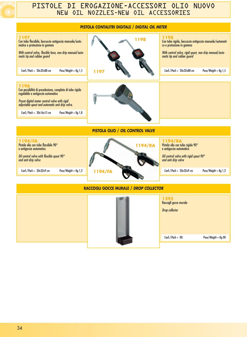 control valve, rigid spout, non drip manual/automatic tip and rubber guard Conf./Pack = 20x32x88 cm Peso/Weight = Kg 1,5 1197 Conf.