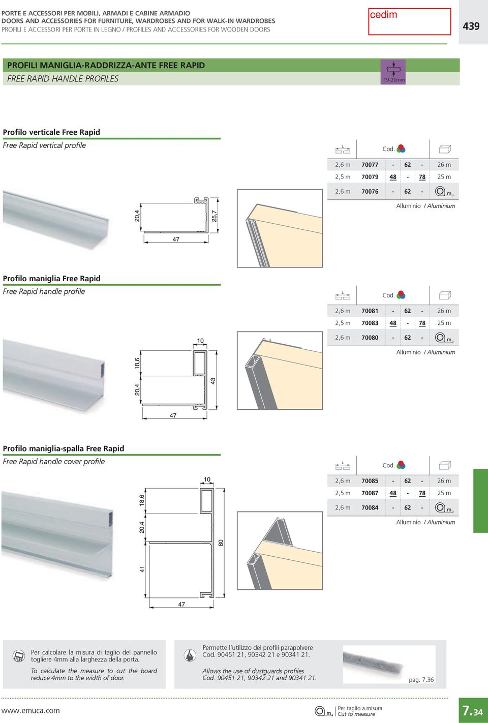 70085-62 - 26 m 2,5 m 70087 48-78 25 m 2,6 m 70084-62 - Per calcolare la misura di taglio del pannello togliere 4mm alla larghezza della porta.