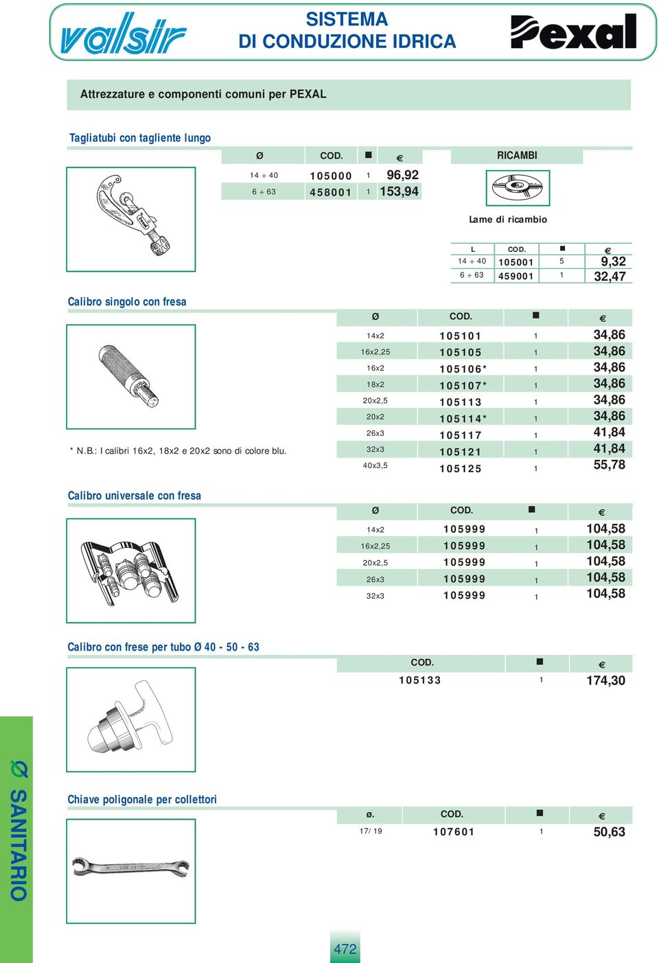 4x2 6x2,2 6x2 8x2, 32x3 40x3, 00 00 006* 007* 03 04* 07 02 02 34,86 34,86 34,86 34,86 34,86 34,86 4,84 4,84,78 Calibro universale con