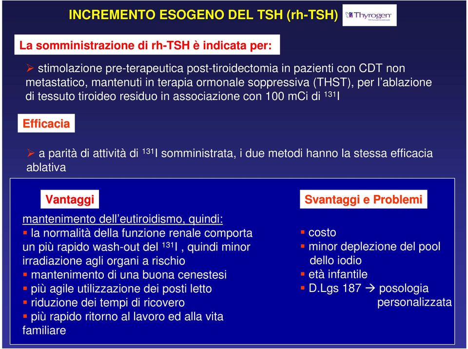 ablativa Vantaggi mantenimento dell eutiroidismo, quindi: la normalità della funzione renale comporta un più rapido wash-out del 131 I, quindi minor irradiazione agli organi a rischio mantenimento di