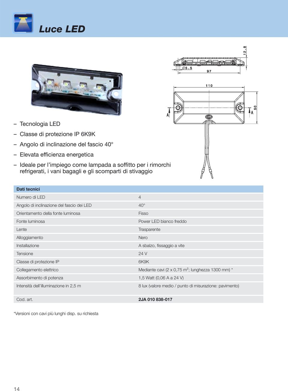 LED bianco freddo Alloggiamento Nero A sbalzo, fi ssaggio a vite 24 V Classe di protezione IP 6K9K Mediante cavi (2 x 0,75 m²; lunghezza 1300 mm) * Assorbimento di potenza 1,5