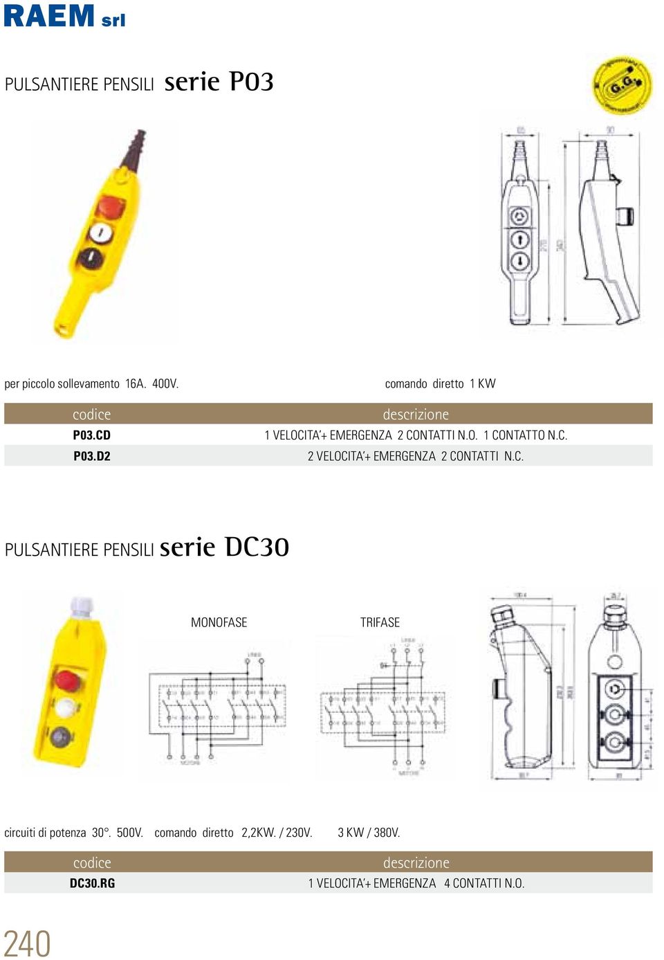 C. PULSANTIERE PENSILI serie DC30 MONOFASE TRIFASE circuiti di potenza 30. 500V.