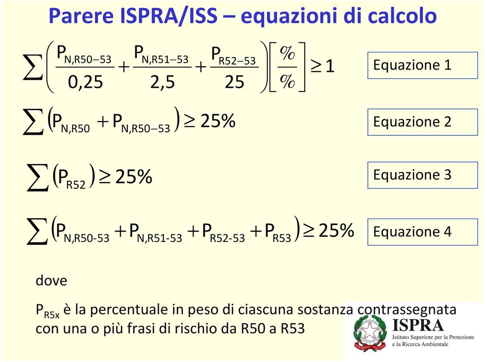 N,R50-53 N,R51-53 R52-53 R53 + 25% Equazione 3 Equazione 4 dove P R5x èla percentuale