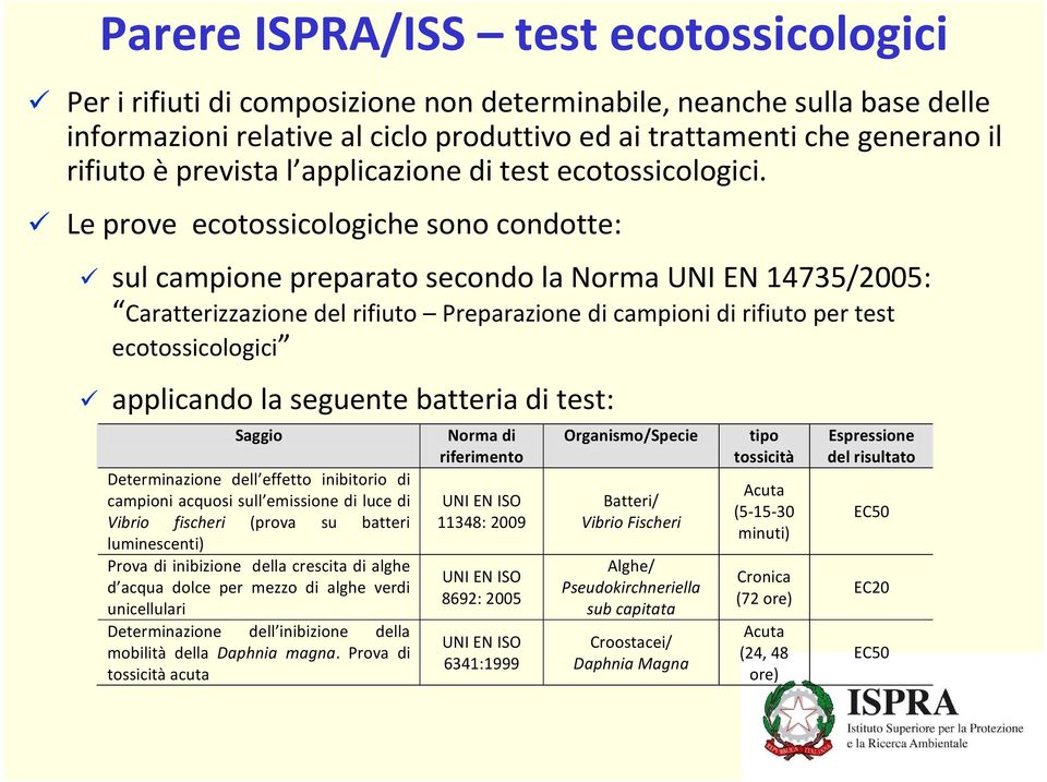 Le prove ecotossicologiche sono condotte: sul campione preparato secondo la Norma UNI EN 14735/2005: Caratterizzazione del rifiuto Preparazione di campioni di rifiuto per test ecotossicologici