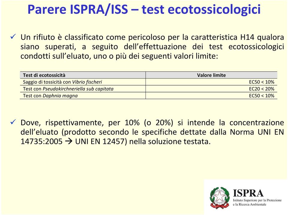 tossicità con Vibrio fischeri EC50 < 10% Test con Pseudokirchneriella sub capitata EC20 < 20% Test con Daphnia magna EC50 < 10% Dove, rispettivamente,