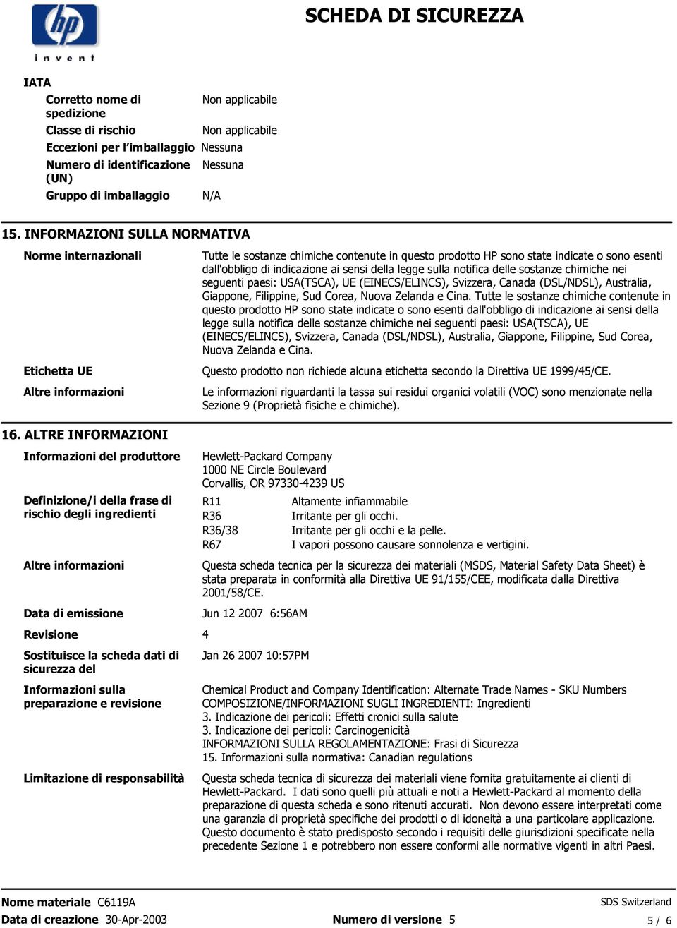 della legge sulla notifica delle sostanze chimiche nei seguenti paesi: USA(TSCA), UE (EINECS/ELINCS), Svizzera, Canada (DSL/NDSL), Australia, Giappone, Filippine, Sud Corea, Nuova Zelanda e Cina