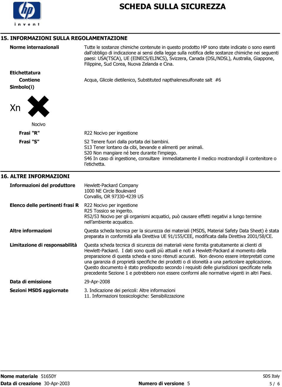 Cina Contiene Acqua, Glicole dietilenico, Substituted napthalenesulfonate salt #6 Simbolo(i) Xn Nocivo Frasi "R" Frasi "S" R22 Nocivo per ingestione S2 Tenere fuori dalla portata dei bambini S13