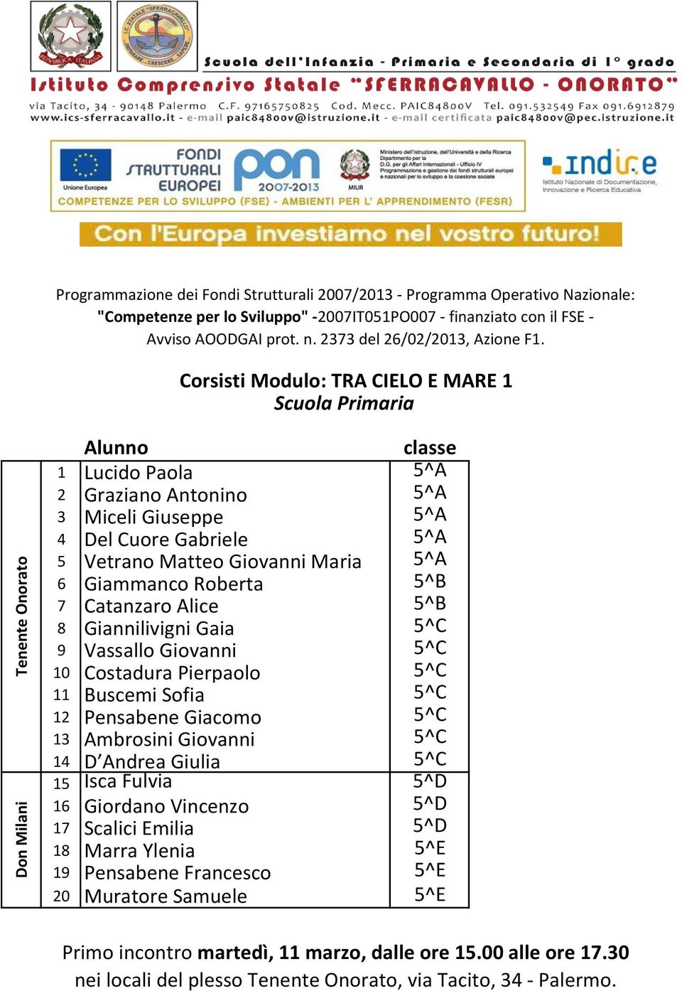 Vassallo Giovanni 5^C 10 Costadura Pierpaolo 5^C 11 Buscemi Sofia 5^C 12 Pensabene Giacomo 5^C 13 Ambrosini Giovanni 5^C 14 D Andrea Giulia