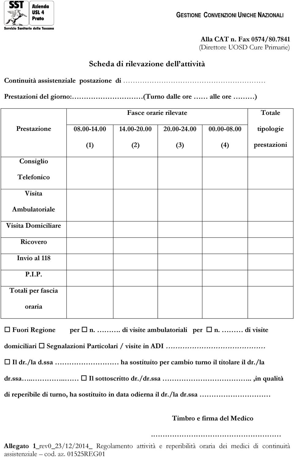 00-24.00 00.00-08.00 tipologie (1) (2) (3) (4) prestazioni Consiglio Telefonico Visita Ambulatoriale Visita Domiciliare Ricovero Invio al 118 P.I.P. Totali per fascia oraria Fuori Regione per n.