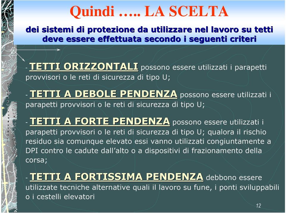 reti di sicurezza di tipo U; -TETTI A DEBOLE PENDENZA possono essere utilizzati i parapetti provvisori o le reti di sicurezza di tipo U; -TETTI A FORTE PENDENZA possono essere utilizzati i