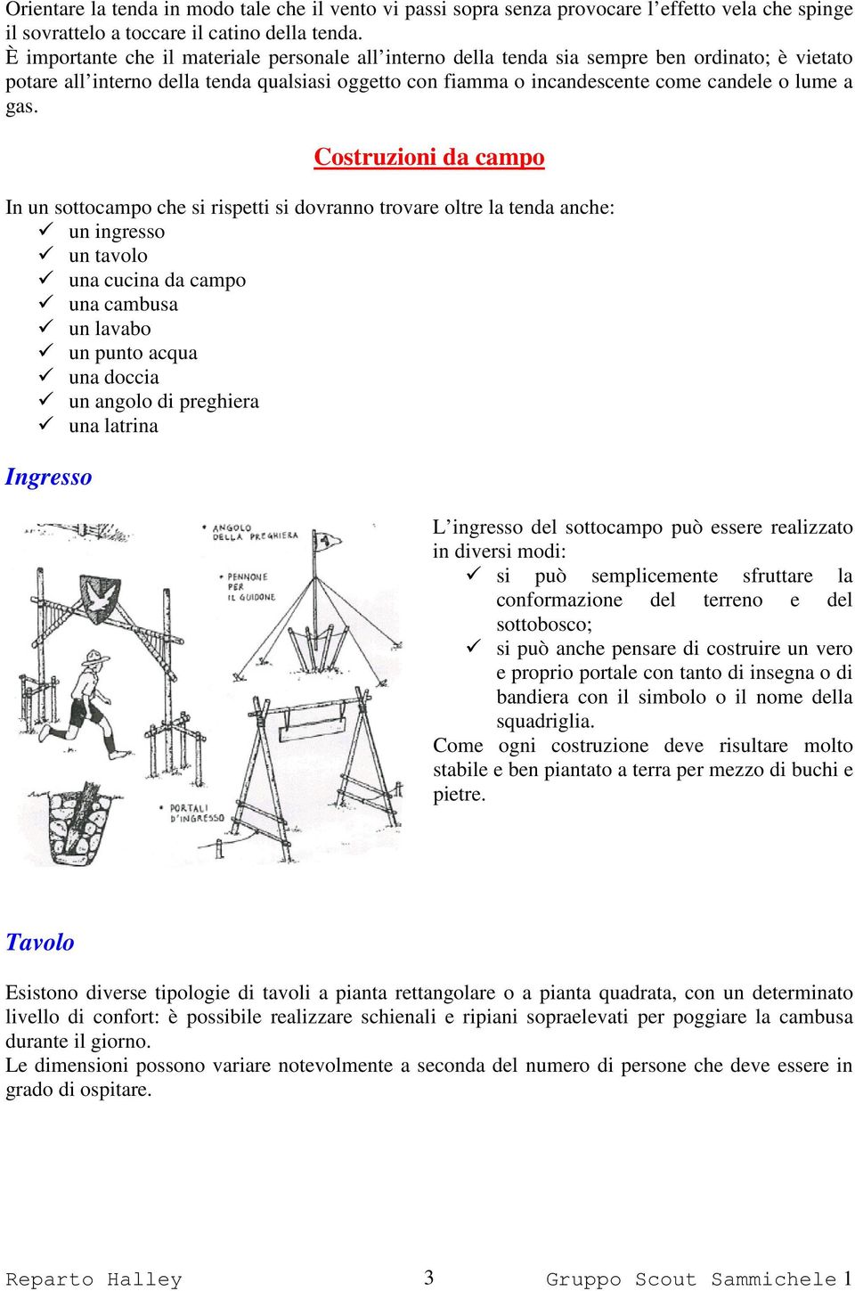 gas. Costruzioni da campo In un sottocampo che si rispetti si dovranno trovare oltre la tenda anche: un ingresso un tavolo una cucina da campo una cambusa un lavabo un punto acqua una doccia un