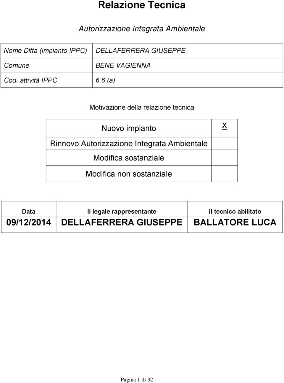 6 (a) Motivazione della relazione tecnica Nuovo impianto X Rinnovo Autorizzazione Integrata