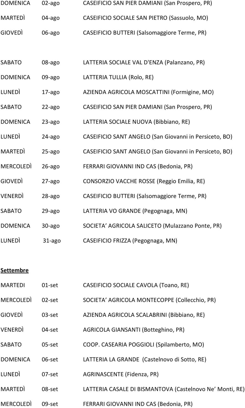 Prospero, PR) DOMENICA 23- ago LATTERIA SOCIALE NUOVA (Bibbiano, RE) LUNEDÌ 24- ago CASEIFICIO SANT ANGELO (San Giovanni in Persiceto, BO) MARTEDÌ 25- ago CASEIFICIO SANT ANGELO (San Giovanni in