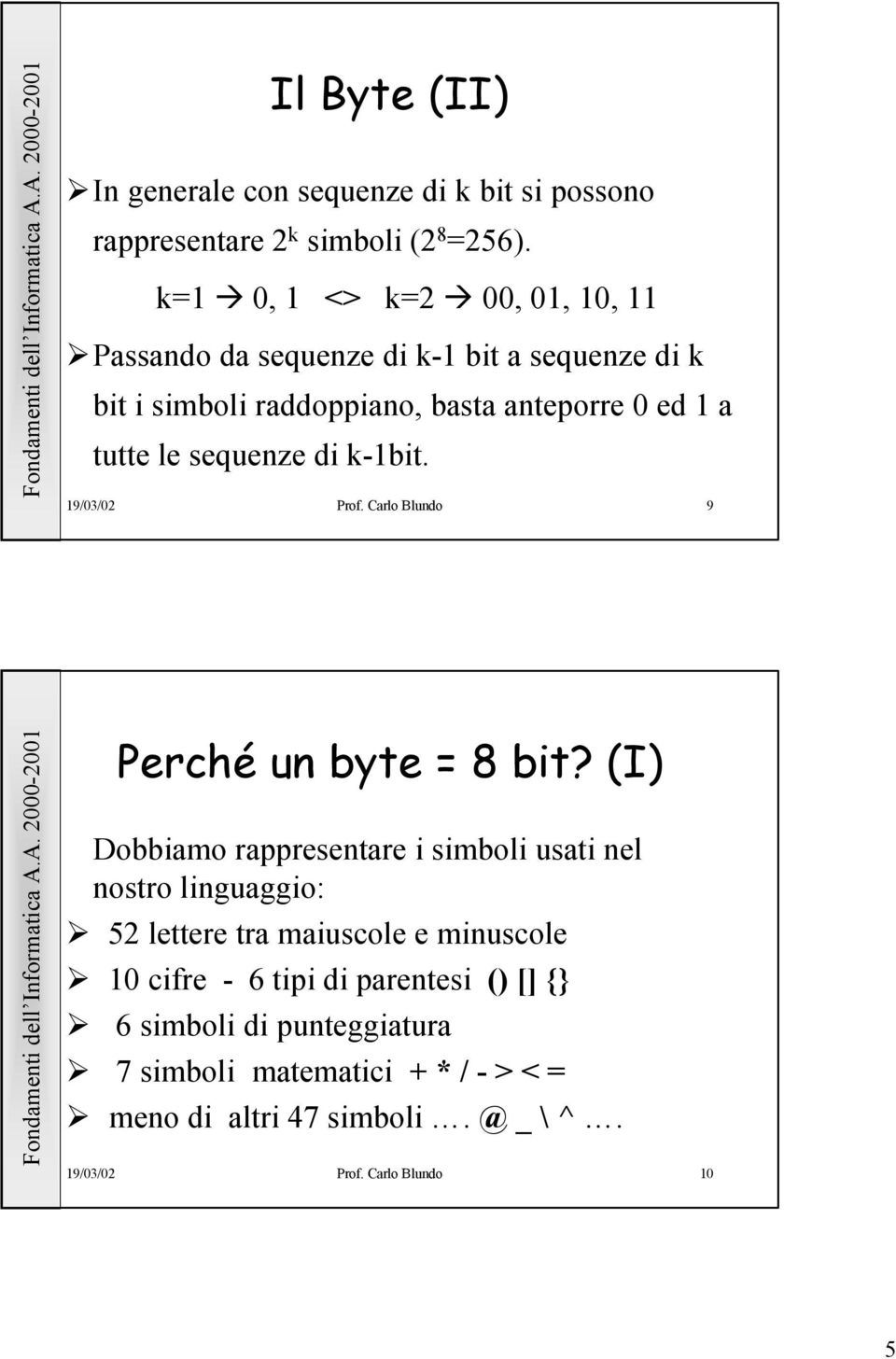 sequenze di k-1bit. 19/03/02 Prof. Carlo Blundo 9 Perché un byte = 8 bit?